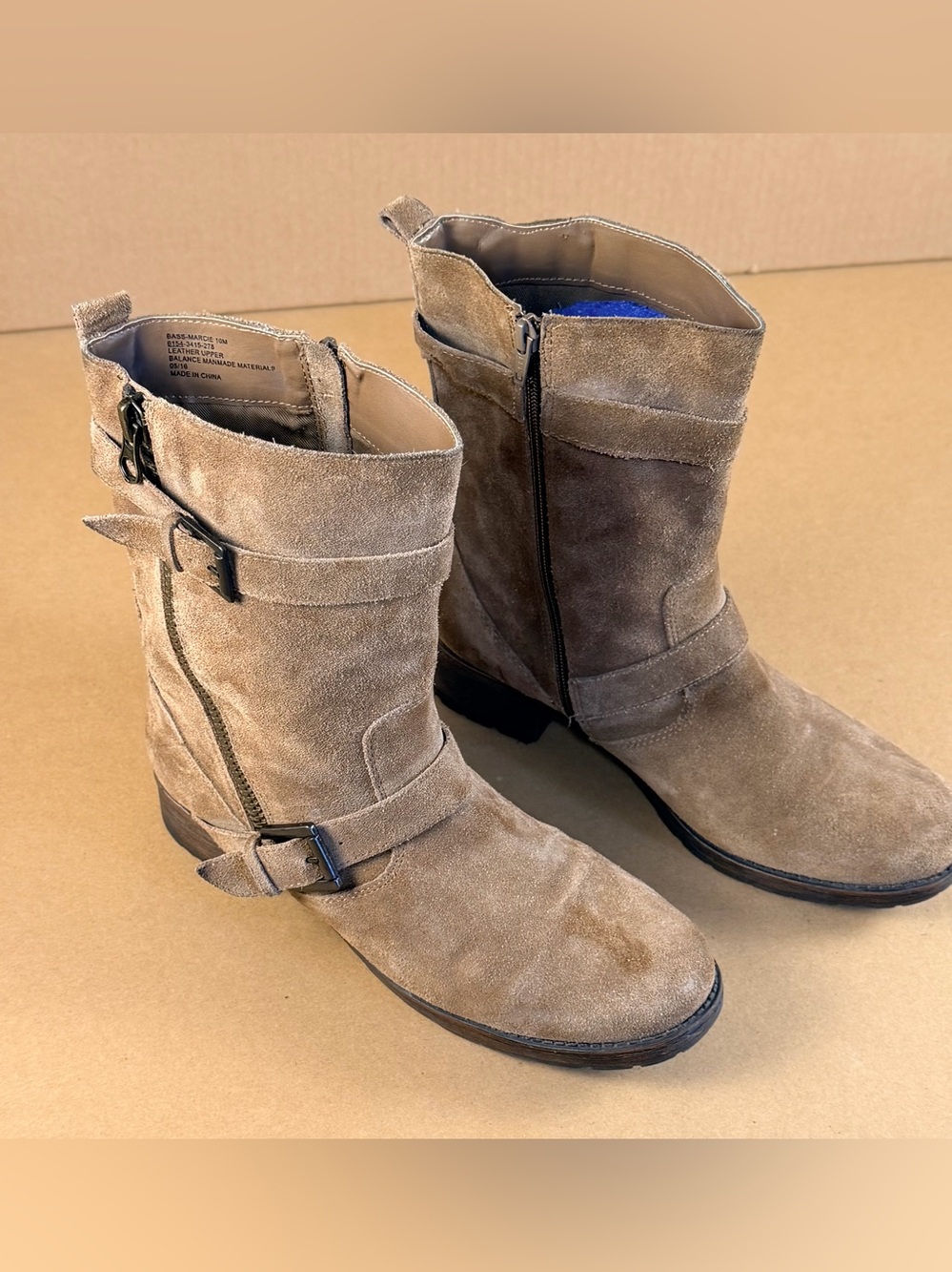 Bass Suede Mid-Calf Moto Boots in Taupe Side Buckles With Side Zipper